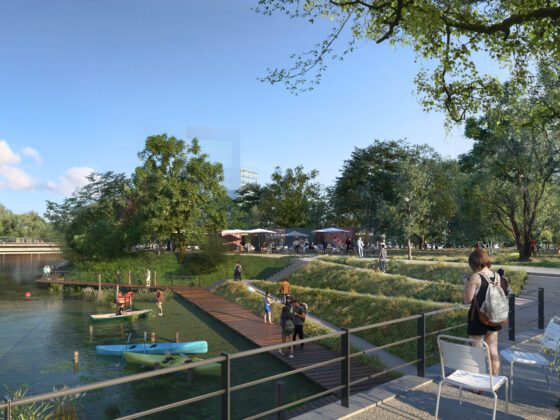 Visualisierung des Billeparks mit Menschen am Ufer und Kajaks auf dem Wasser