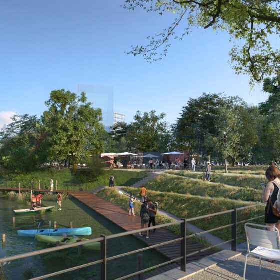 Visualisierung des Billeparks mit Menschen am Ufer und Kajaks auf dem Wasser