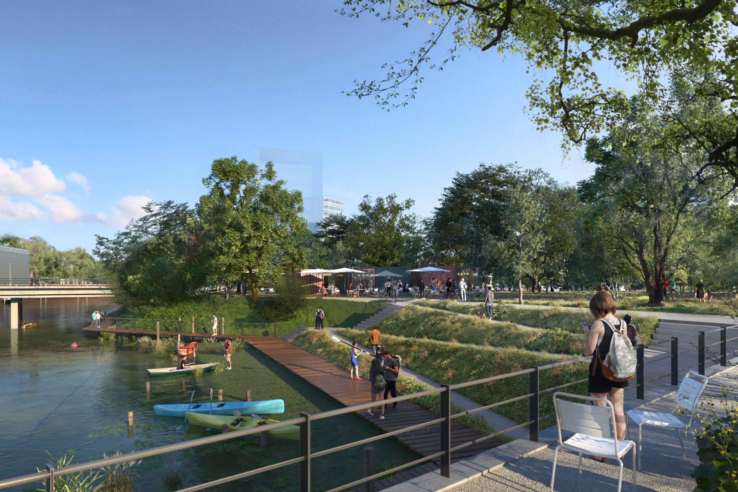 Die Visualisierung des zukünftigen Billeparks zeigt Menschen, die sich am Flussufer aufhalten, während einige gerade in Kajaks steigen, um aufs Wasser zu gehen. Im Hintergrund sind Cafés mit gemütlichen Sitzbereichen zu sehen.
