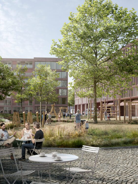 Visualisierung des Nachbarschaftsgartens, der sowohl Sitzmöglichkeiten als auch Freizeitaktivitäten bietet. Der Park ist umgeben von modernen Gebäuden und Cafés.