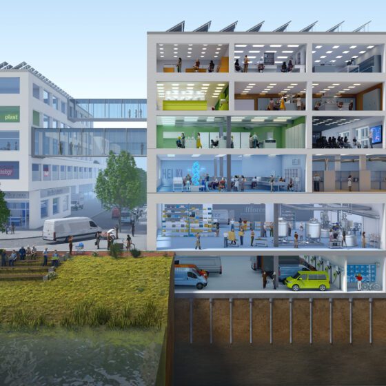 Schnittdarstellung: Büros in mehrstöckigem Gebäude mit Räumen und Aktivitäten.