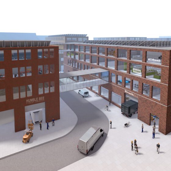 Grafik: Gebäude mit begrüntem Dach – Symbol für nachhaltiges, innovatives Bauen.