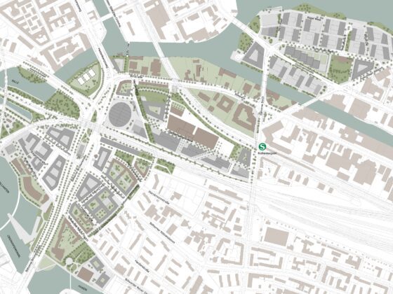 Übersichtskarte auf der die drei Gebiete: Neuer Huckepackbahnhof, Stadteingang Elbbrücken und Billecken dargestellt werden.