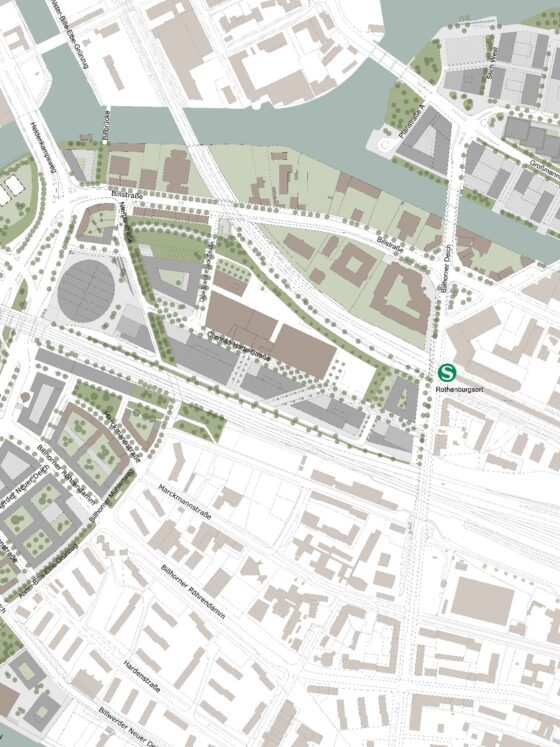 Übersichtskarte auf der die drei Gebiete: Neuer Huckepackbahnhof, Stadteingang Elbbrücken und Billecken dargestellt werden.