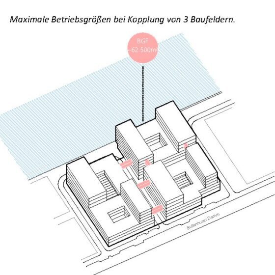 Darstellung der Gebäudegrundrisse mit Flächenangaben der Gebäude, bei einer Kopplung von 3 Baufeldern, die durch rote Striche dargestellt wird.