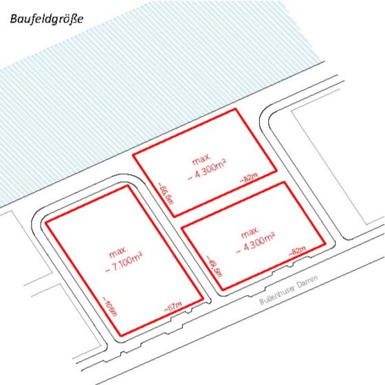 Lageplan eines Baufelds mit drei rot umrandeten Grundstücken, die als maximal bebaubare Flächen gekennzeichnet sind.