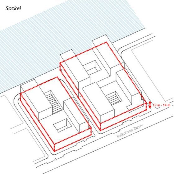 Schematische Zeichnung eines Gebäudekomplexes am Bullenhuser Damm, die Baukörper sind in Blockform angeordnet.