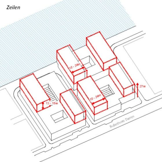Schematische Zeichnung eines Gebäudekomplexes am Bullenhuser Damm, die Baukörper sind in Blockform angeordnet.