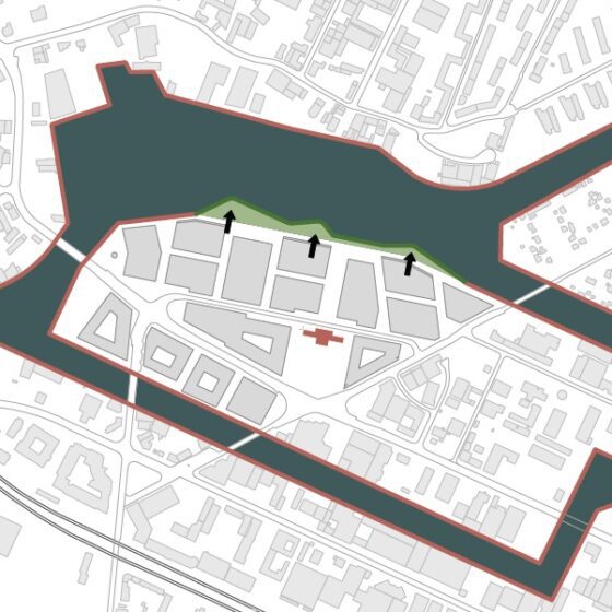Graphik mit rot umrandeten Uferbereiche und Markierung Stellen mit zukünftig sanfter Uferböschung