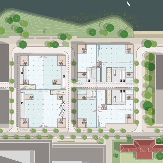 Architektonischer Geländeplan mit Gebäudegrundrissen, Straßen und Grünflächen, der die Anordnung der verschiedenen Bereiche und die Infrastruktur des Grundstücks zeigt.