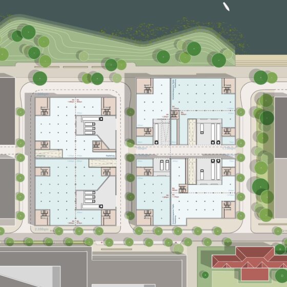 Architektonischer Geländeplan mit Gebäudegrundrissen, Straßen und Grünflächen, der die Anordnung der verschiedenen Bereiche und die Infrastruktur des Grundstücks zeigt.