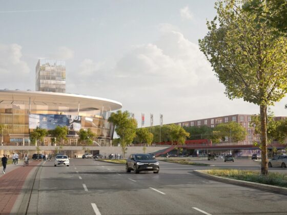 Visualisierung vom Elbdome mit Straßen und Fußgängern