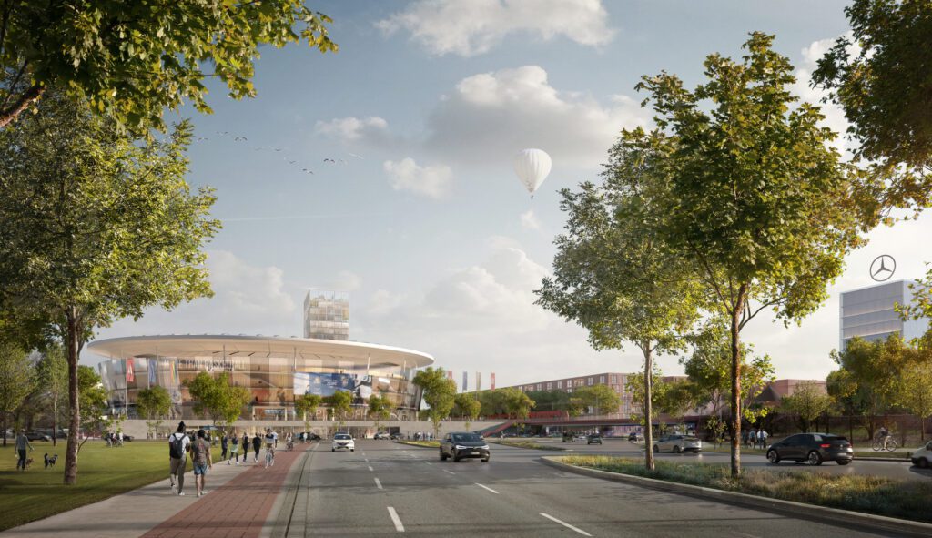 Visualisierung vom Elbdome mit Straßen und Fußgängern