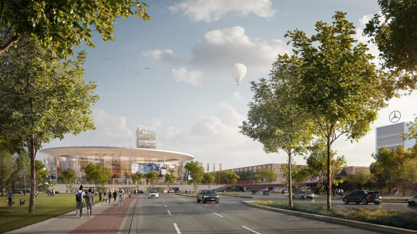 Visualisierung vom Elbdome mit Straßen und Fußgängern