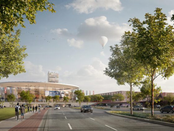 Visualisierung vom Elbdome mit Straßen und Fußgängern