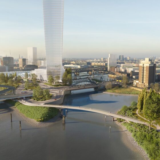 Visualisierung der Entenwerder Brücke mit Hochhäusern im Hintergrund.