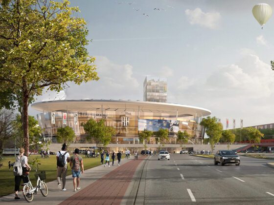 Visualisierung: Huckepackbahnhof mit Stadion, Ballons und Fußgängern.