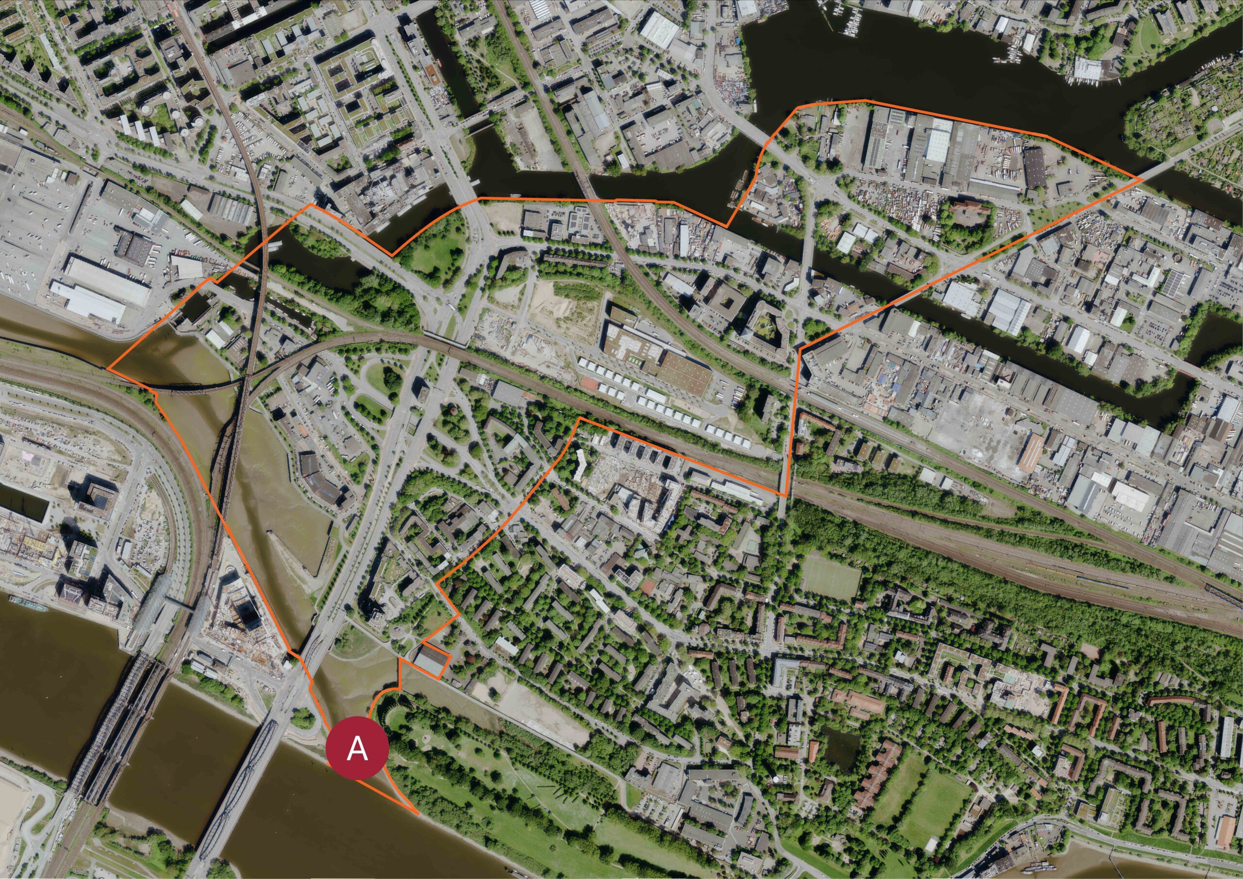 Luftbild des Billebogens inklusive der Quartiersgrenze und aktueller Bauaktivitäten