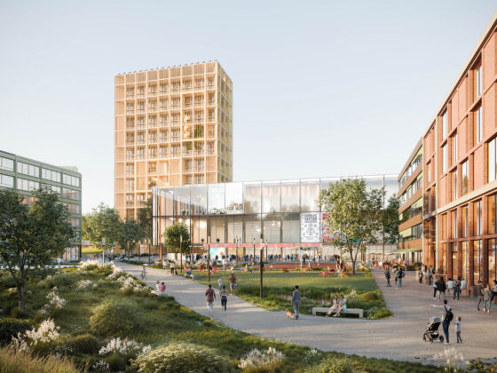 Rendering of a sports arena surrounded by other buildings and green spaces.