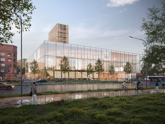 Rendering of a sports arena with glass facades.