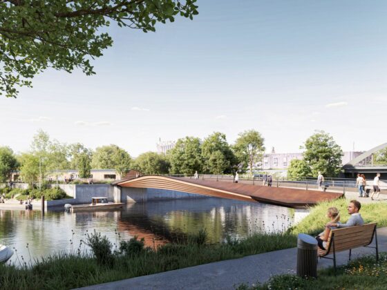 Visualization of the Bille Bridge with people relaxing by the water