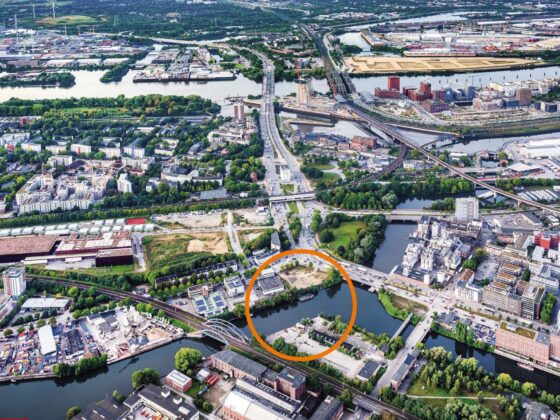 Aerial view with an orange circle as a marker